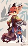  2015 anthro bukoya-star canine clothing disney duo female fox fur green_eyes grey_fur judy_hopps lagomorph long_ears male mammal nick_wilde police_uniform purple_eyes rabbit size_difference uniform zootopia 