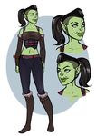  black_hair breasts clothed clothing ear_piercing female green_skin hair halter_top hi_res humanoid midriff model_sheet multiple_scenes not_furry orc piercing pointy_ears ponytail rogue scar silver_eyes sirmeo smile solo tusks 