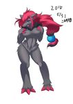  2015 big_breasts blue_eyes breasts canine claws collarbone digitigrade featureless_breasts featureless_crotch female fox hair hair_ornament holding_breast mammal naturally_censored navel nintendo nude paws pok&eacute;mon red_hair simple_background solo standing tongue tongue_out video_games zoroark 二時間 