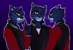  anthro black_fur cat clothing feline fur group jacket lone_digger looking_at_viewer male mammal nagasleeps one_eye_closed smile wink 