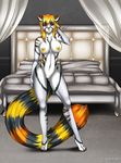  2015 anthro bed bedroom big_breasts black_nose breasts chest_tuft eliana-asato female front_view fur grey_fur hair hi_res inside long_hair mammal multicolored_fur nipples nude orange_fur orange_hair pillow plantigrade red_eyes solo standing tuft unknown_species white_fur yellow_nipples 