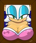  adc1309 anthro bat bhawk big_breasts border breasts cleavage clothed clothing female hi_res huge_breasts looking_at_viewer mammal outside_border rouge_the_bat seductive smile solo sonic_(series) traditional_media_(artwork) 