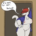  2016 aliasing anthro big_breasts breasts cat clothed clothing dialogue english_text feline female fur innuendo mammal nipples nude open_mouth pussy slightly_chubby smile solo suggestive text trout_(artist) wide_hips 