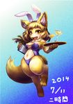  2014 alcohol beverage breasts bunny_costume canine chest_tuft clothed clothing digitigrade female food fox hair hindpaw looking_at_viewer mammal navel open_mouth paws skimpy solo standing thong tray tuft waiter yellow_eyes 二時間 