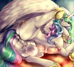  2016 animal_genitalia animal_penis balls butt dock equine equine_penis erection feathered_wings feathers feral friendship_is_magic hair half-closed_eyes herm hi_res horn intersex mammal multicolored_hair my_little_pony penis princess_celestia_(mlp) pussy solo spread_legs spreading vein winged_unicorn wings xilrayne 