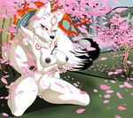  2016 amaterasu anthro areola black_nipples black_nose black_sclera breasts canine capcom cherry_blossom deity eyelashes female fur itsuko103 kneeling looking_at_viewer mammal markings nipples nude paintbrush plant pussy smile solo tree video_games white_eyes white_fur wolf ōkami 