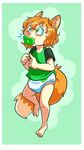  animal_humanoid blush canine child claws clothing diaper fox fox_humanoid green_eyes hair hi_res humanoid male mammal myoti nervous orange_hair pacifier shirt simple_background solo young 
