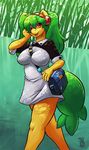  2016 anthro big_breasts breasts equine eyelashes fan_character female green_hair hair horse long_hair looking_at_viewer mammal mango_(character) my_little_pony open_mouth pony red_eyes solo zwitterkitsune 