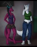  absurd_res anthro athletic canine clothing digital_media_(artwork) dragon duo female hi_res mammal scalie shirt tank_top wolf wolfpsalm 