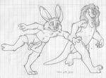  2011 anthro arm_grab barefoot clothing cub cute_fangs dialogue dragging duo female forced greyscale hi_res jake_cottontail katie_kirster lagomorph lined_paper male mammal mizzyam monochrome mustelid nervous one-piece_swimsuit open_mouth otter pencil_(artwork) rabbit sketch smile swimming_trunks swimsuit traditional_media_(artwork) walking young 