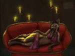  alekksandar anthro breasts candle cleavage clothed clothing female flower fur hair hi_res hyena lily lying mammal plant sofa solo striped_hyena 