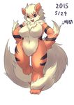  2015 arcanine big_breasts breasts canine chest_tuft dog featureless_breasts featureless_crotch female hands_on_hips mammal mane naturally_censored navel nintendo nude open_mouth pok&eacute;mon purple_eyes simple_background smile solo standing stripes thigh_gap tuft video_games 二時間 