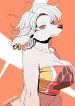  anthro breasts canine cleavage clothed clothing dog ear_piercing female hair jewelry looking_at_viewer mammal nogi paws piercing red_eyes short_hair solo tube_top white_hair 