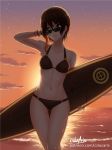  backlighting bikini black_bikini black_hair bracelet breasts brown_eyes cleavage coco_adel collarbone cslucaris dusk gluteal_fold grin hand_in_hair highlights holding jewelry looking_to_the_side medium_breasts multicolored_hair navel ocean outdoors rwby sideboob sky smile solo standing star_(sky) starry_sky sunset swimsuit thigh_gap watermark web_address wet 