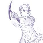  2013 abs anthro balls black_and_white black_eyes diamonds digital_media_(artwork) eyebrows glans gnoll hair hyena lonbluewolf looking_down male mammal monochrome nipples nude open_mouth penis pickaxe simple_background sketch solo tongue uncut vein white_background white_sclera 