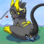  &lt;3 1:1 absurd_res black_fur black_nose blue_fur butt duo eeveelution english_text fur grass half-closed_eyes hi_res hybrid kuroodod looking_back lying macro male multicolored_fur nintendo on_back open_mouth outside pok&eacute;mon raichu red_sclera sharp_teeth size_difference sky teeth text tongue tongue_out two_tone_fur umbreon video_games white_fur yellow_fur 