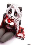  anthro bear black_fur braided_hair breasts clothing cute female fur hair japanese_clothing jewelry kimono long_hair looking_at_viewer mammal necklace panda pencil_(object) red_eyes shalinka shalinka_(character) sitting solo white_fur white_hair 