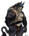  2016 abs anthro arm_wraps barazoku barely_contained barely_visible_genitalia big_muscles bulge charr feline guild_wars looking_at_viewer male mammal multiple_horns muscular nipples open_mouth pecs penis rossciaco sharp_teeth signature smile solo standing teeth video_games wraps 