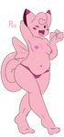  2016 alpha_channel anthro blush breasts clefairy clothed clothing elpatrixf fangs female hand_behind_head navel nintendo nipples one_eye_closed open_mouth pink_skin pok&eacute;mon pok&eacute;morph ro_(elpatrixf) simple_background slightly_chubby smile solo topless transparent_background video_games wink 