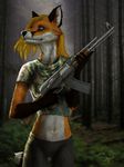  absurd_res ak47 alekksandar anthro blonde_hair blue_eyes camo canine clothing crop_top female fog forest fox fur gun hair hi_res holding_object holding_weapon leeya mammal midriff navel orange_fur outside ranged_weapon red_fox rifle shirt solo tree weapon yoga_pants 