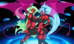  abstract_background bat_wings big_breasts bracelet breast_squish breasts clothed clothing collar demon duo female green_eyes grin hair horn humanoid jewelry kneesocks_daemon legwear long_hair looking_at_viewer looking_back membranous_wings not_furry panty_and_stocking_with_garterbelt rear_view red_skin scanty sigoogle skimpy spade_tail spiked_collar wings 