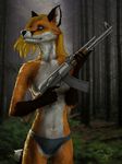  absurd_res ak47 alekksandar anthro assault_rifle blonde_hair blue_eyes breasts canine clothed clothing female fog forest fox fur gun hair hi_res holding_object holding_weapon leeya mammal outside panties ranged_weapon red_fox rifle small_breasts solo topless tree underwear weapon 