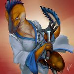  2016 antar_dragon anthro avian beak black_fur black_scales blue_eyes blue_feathers breasts claws cleavage clothed clothing dinosaur english_text feathers female fur japanese_clothing katana kimono melee_weapon orange_fur raptor red_background scales signature simple_background slit_pupils solo sword text toe_claws weapon white_fur wounded 