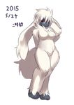  2015 barefoot breasts canine digitigrade dog featureless_breasts featureless_crotch female fluffy furfrou hair hair_over_eye hand_on_head mammal naturally_censored nintendo nude paws pok&eacute;mon poodle red_eyes simple_background solo standing video_games 二時間 