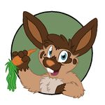  aliasing alternate_version_available anthro buckteeth bust_portrait carrot circle flat_colors food front_view holding_food holding_object lagomorph leaning_on_elbow looking_at_viewer male mammal mizzyam open_mouth portrait rabbit semi-anthro smile solo spotted_bunny teeth vegetable 