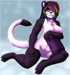  2016 3_toes 5_fingers anthro bear big_breasts black_fur breasts covering covering_breasts ear_piercing female fur green_eyes hair hand_on_thigh highlights locosaltinc long_hair looking_at_viewer mammal multicolored_hair multiple_piercings nude panda piercing prisma_lin purple_hair pussy sitting solo thick_thighs toes towel white_fur wide_hips 