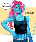  2016 abstract_background anthro blue_skin breasts cleavage clothed clothing eye_patch eyewear fangs female fish hair long_hair looking_at_viewer marine muscular muscular_female nangnak navel open_mouth red_hair sharp_teeth shirt solo speech_bubble standing tank_top teeth text tongue undertale undyne video_games yellow_eyes 