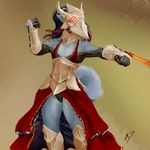  2016 antar_dragon anthro armor black_hair blue_fur brown_background canine clothed clothing crossdressing dog fur gauntlets gloves hair laser long_hair male mammal red_hair signature simple_background solo 