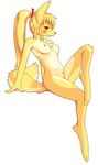  anthro arm_support breasts canine chest_tuft digitigrade facial_markings female fox fur hi_res mammal markings navel nipples pinup ponytail pose raised_leg red_eyes simple_background sitting solo tuft white_background グリン 