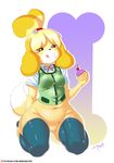  2016 animal_crossing anthro black_eyes black_nose blonde_hair bottomless canine clothed clothing female food fur hair hair_ornament isabelle_(animal_crossing) legwear long_ears mammal mrbowater navel nintendo pussy short_hair signature sitting smile solo tongue uniform video_games white_fur yellow_fur 