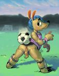  2015 anthro anus apis armadillo backsack ball balls barefoot bottomless butt clothed clothing cub fuleco hi_res humanoid_penis long_foreskin looking_back male mammal outside penis perineum rear_view shin_guard signature soccer_ball solo spread_legs spreading uncut young 
