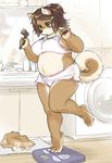  anthro blue_eyes blush breasts brown_hair canine cute female fur hair kikurage mammal overweight ponytail scale sink slightly_chubby solo 