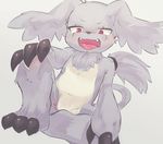  ambiguous_gender anthro blush claws digimon fangs fluffy fur gazimon hybrid long_ears looking_at_viewer mammal open_mouth simple_background sitting solo teeth toe_claws tongue watagechan_(artist) white_background 