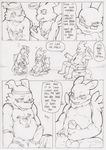  2016 anthro balls bottomless canine clothed clothing cock_ring comic daigaijin dialogue digimon english_text erection female fox group guilmon hi_res lizard male mammal masturbation pen_(artwork) penile_masturbation penis renamon reptile scalie text traditional_media_(artwork) 