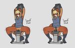  anthro bad_dragon black_fur blonde_hair blue_eyes blush bottomless brown_fur clothed clothing cumlube digital_media_(artwork) female feretta feretta_(character) flint_(dildo) fur gym_bench hair internal mammal red_panda shaking simple_background solo tan_fur trembling 