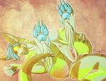  blue_paws breasts claws dragon dragon_hybrid female fluffy fur furred_dragon green_fur hi_res long_ears long_tail open_mouth paws pussy silly_soda soda. teasing 