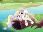  2014 absurd_res bdsm blonde_hair blossomforth_(mlp) blue_eyes blue_feathers blush bondage bound bush cloud_kicker_(mlp) cutie_mark duo equine feathered_wings feathers female feral flower freckles friendship_is_magic fur grass hair hi_res kissing log mammal multicolored_hair my_little_pony nightmaremoons open_mouth outside pegasus pink_eyes plant river rope tail_wrap tree two_tone_hair water white_fur wings wood wraps 