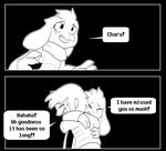  2016 asriel_dreemurr black_and_white boss_monster caprine chara_(undertale) clothed clothing comic crying dialogue english_text fatz_geronimo friends happy hug human locket long_ears male mammal monochrome smile sweater tears text undertale video_games 
