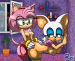  2016 against_wall amy_rose anthro areola bat bent_over big_breasts breasts clothing dildo duo erect_nipples female female/female fishnet fishnet_legwear from_behind_position garter_belt garter_straps green_eyes grin hand_on_butt hedgehog legwear looking_back mammal nipples nude open_mouth raianonzika raised_shirt rouge_the_bat sex sex_toy sonic_(series) stockings strapon thigh_highs 