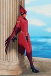  2016 anthro avian beak bird black_penis cardinal_(bird) crest cypress_(pjt) feathers flaccid hi_res jewelry keisha_makainn leaning leaning_back looking_at_viewer male navel necklace nude outside penis red_eyes red_feathers sea solo tail_feathers talons water wings 