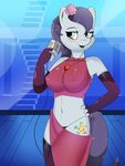  2016 anthro anthrofied big_breasts blue_eyes blue_hair blush breasts clothing coloratura_(mlp) cutie_mark ear_piercing earth_pony elbow_gloves equine female fingerless_gloves flower flower_in_hair friendship_is_magic gloves hair hand_on_hip hi_res holding_object horse legwear mammal microphone my_little_pony navel nipple_bulge open_mouth piercing plant pony solo thigh_highs xorza 