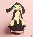  2016 anthro bandage belly big_belly black_skin blush brown_skin english_text female green_eyes hi_res looking_at_viewer mawile nintendo nude one_eye_closed open_mouth pink_background pok&eacute;mon shikaro signature simple_background sitting slightly_chubby smile solo teeth text tongue tongue_out video_games wink 