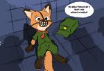  absurd_res barefoot brown_fur canine chicomaster clothed clothing crying cub cub_scout disney english_text fox fur group hat hi_res high-angle_view humiliation male mammal muzzle_(object) muzzled nick_wilde sad shadow shirt simple_background sketch sketchy solo_focus speech_bubble spoiler tears text young zootopia 