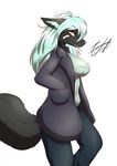  2016 anthro bandage big_breasts black_fur blue_fur blue_hair breasts canine cigarette clothed clothing english_text female fur hair hi_res inner_ear_fluff jacket long_hair mammal pants pink_nose raised_leg signature simple_background solo tailzkim text white_background wolf yellow_eyes 