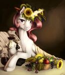  2016 apple crown equine female feral flower food friendship_is_magic fruit grapes hi_res horn inspired_by_proper_art looking_at_viewer magic mammal my_little_pony pears plant princess_celestia_(mlp) ribbons silfoe solo sunflower tiara wine_glass winged_unicorn wings 