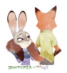  anthro badge bedroom_eyes canine clothing disney duo facing_away female fox fur ganym0 grey_fur half-closed_eyes holding_tail judy_hopps lagomorph long_ears male mammal nick_wilde orange_fur police_uniform purple_eyes rabbit seductive tail_grab uniform zootopia 